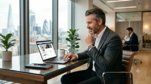 Executive reviewing Notable Men LinkedIn invitation on laptop to build professional reputation.