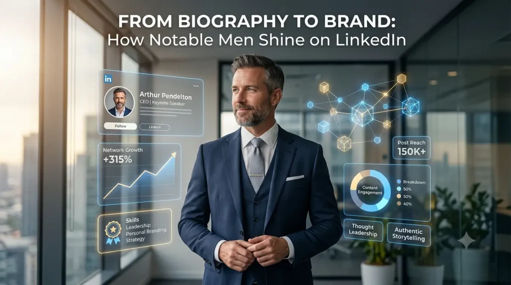 Professional male executive standing in a modern office with digital graphics representing LinkedIn personal branding and network growth.