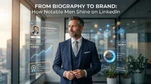 Professional male executive standing in a modern office with digital graphics representing LinkedIn personal branding and network growth.