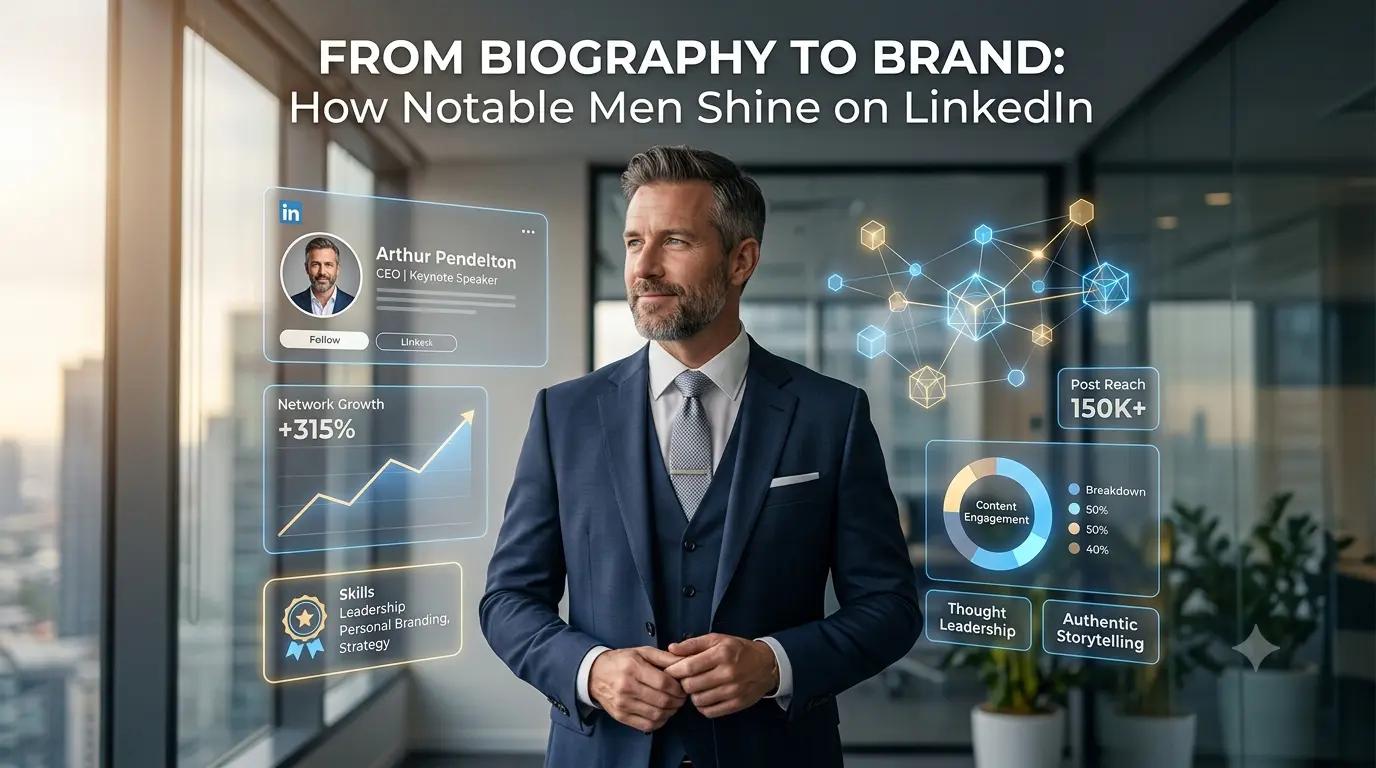Professional male executive standing in a modern office with digital graphics representing LinkedIn personal branding and network growth.