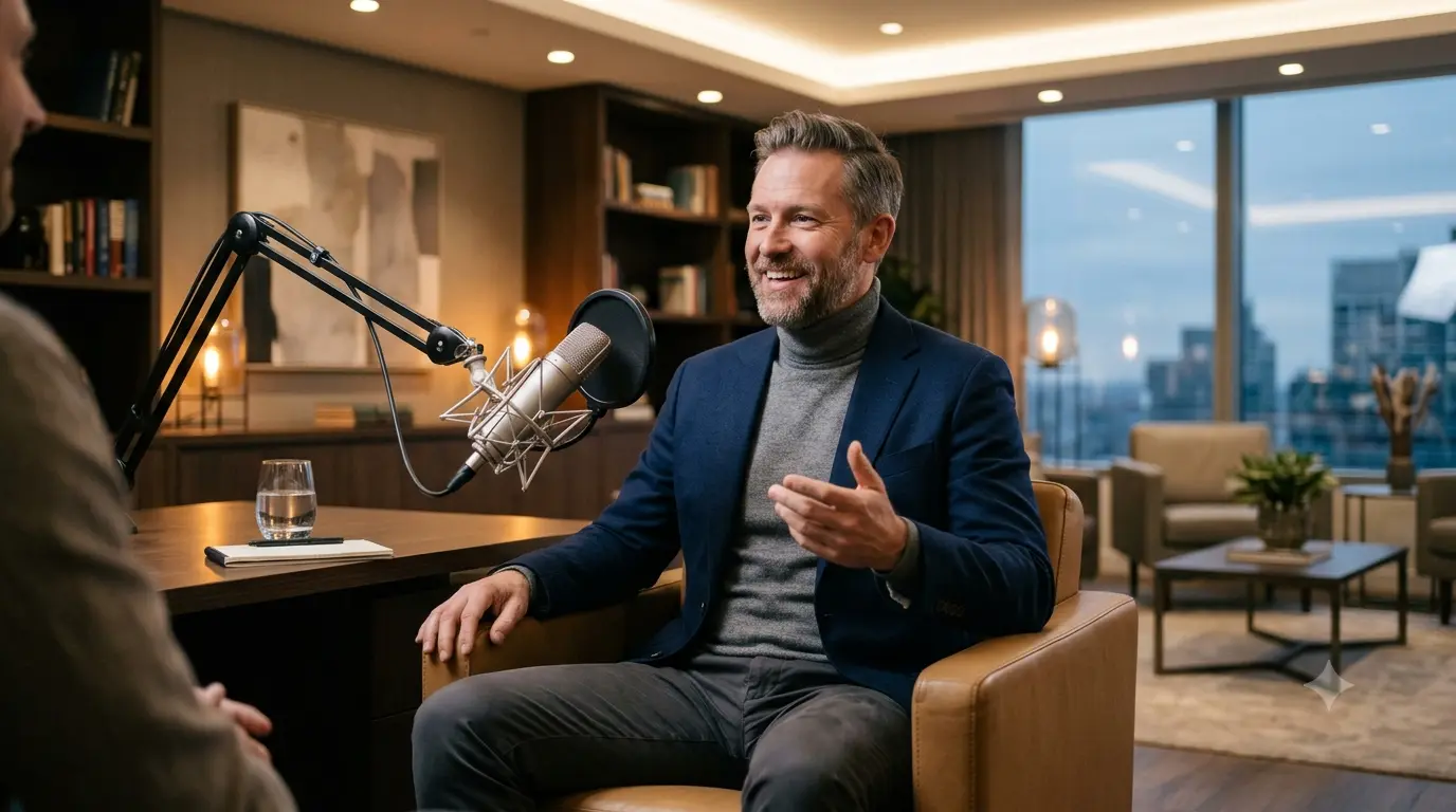 A middle-aged businessman in a modern executive office, sitting in a leather armchair and speaking into a professional studio microphone during an interview.